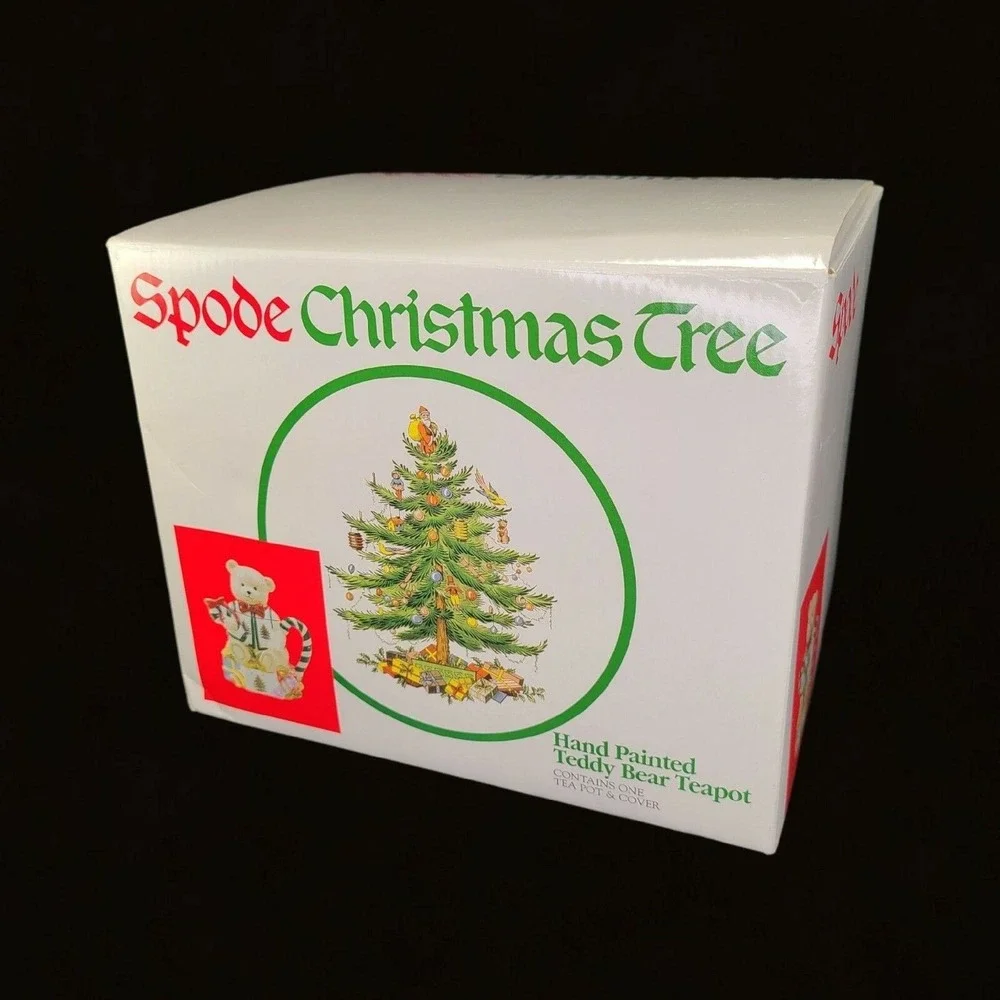 Spode Christmas Tree Green Trim Teddy Bear Tea Pot Teapot With Lid Box Holiday